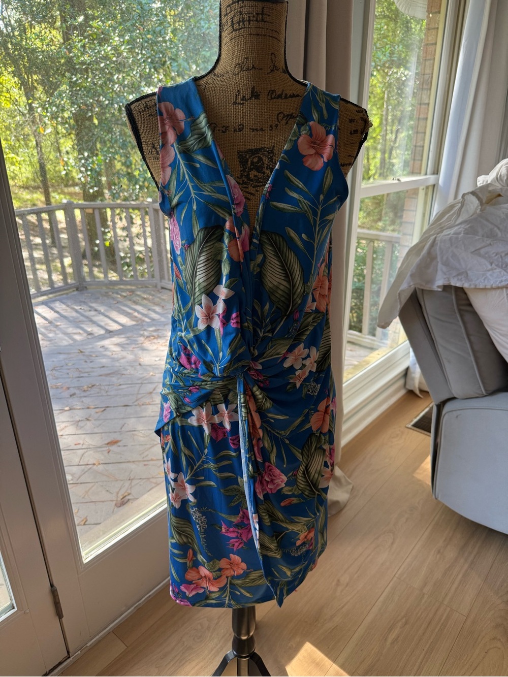 Lilian Blue Tropical Floral Twist-Front Midi Dress
